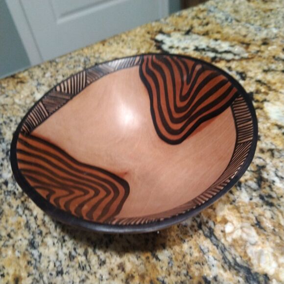 Vintage African Hand Carved Wooden Zebra Animal Print Serving Bowl Hand Painted - Picture 3 of 7